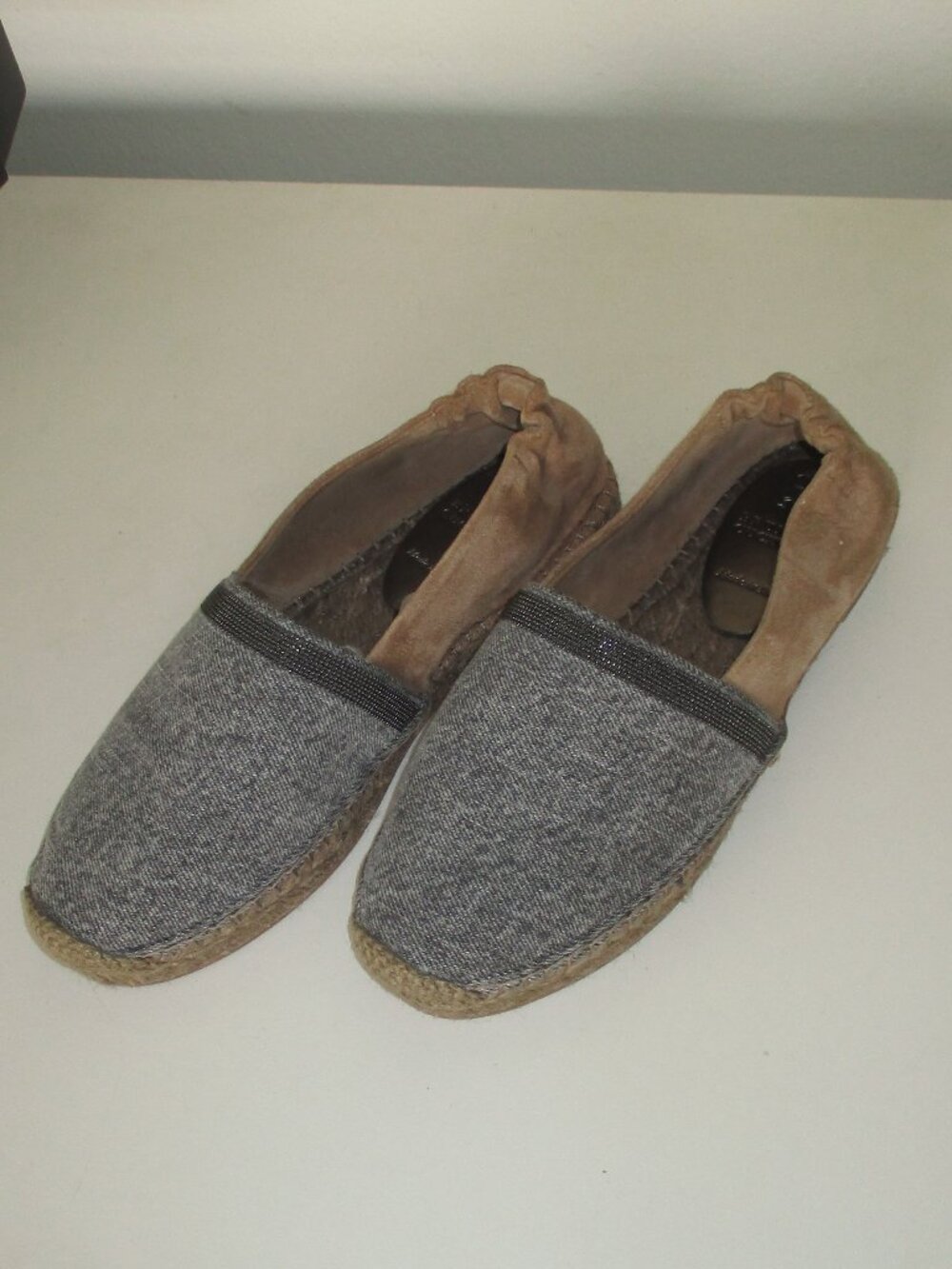 Brunello Cucinelli Monili Womens Gray Flannel Tan Suede Flat Espadrille EUR 35